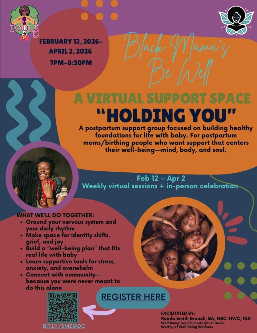 Black Mama's Be Well virtual postpartum support flyer